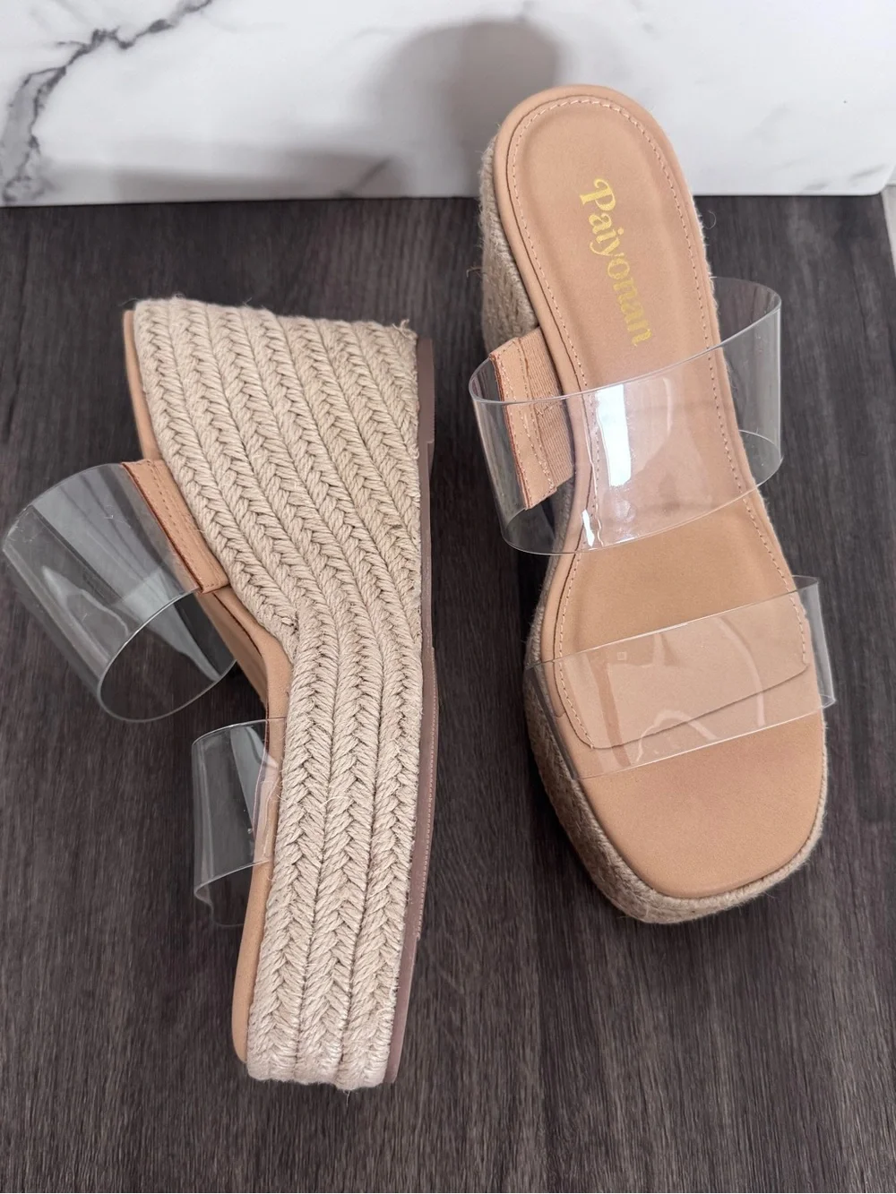 Clear Double-Strap Espadrille Platform Wedges in Tan
